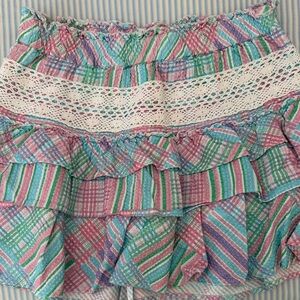 LoveShackFancy Pastel Plaid Ruffled Skirt with Lace Trim